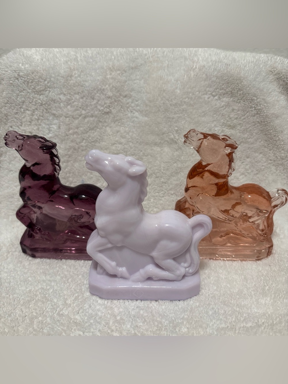 Set of three purple and pink Boyd glass 1980s Joey the horse